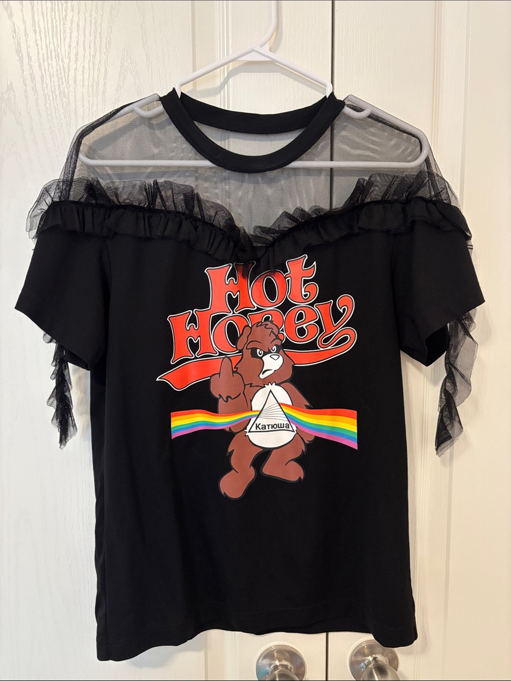 Mesh Splice Graphic Tee - Grumpy "Care Bear" & Rainbow Rock Motif-S